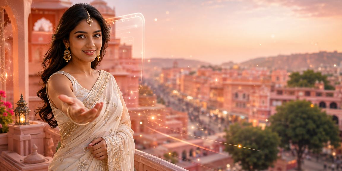Player in traditional saree enjoying casino app on smartphone in Jaipur